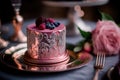 Gorgeous pink cake with crystals and flaky copper leaf and pearl sprinkles on a beautiful ornate silver. Generative AI