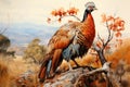Gorgeous portrait of a turkey on a tree in the mountains AI Generated Generative AI