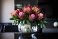 Gorgeous protea bouquet in a modern design apartment. Generative AI