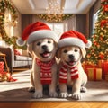 gorgeous puppies wearing santa hats amongst the gifts Royalty Free Stock Photo