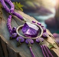 Purple macrame necklace with an amethyst crystal and brass metal elements on wooden tree trunk.