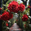 gorgeous red roses at a rose arch in a arcade Royalty Free Stock Photo