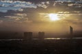 Gorgeous scenic over large metropolitan of Bangkok city overlooking skyscrapers with orange sky