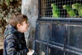 Gorgeous school kid boy feeding parrots in zoological garden. Child playing and feed trusting friendly birds in zoo and Royalty Free Stock Photo