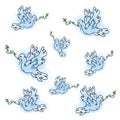 Gorgeous seamless digital drawn pattern with may flying gentle blue doves os peace isolated on the white background