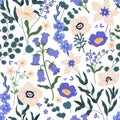 Gorgeous seamless floral pattern with bluebells and forget-me-nots. Endless design with delicate wild flowers for