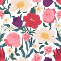 Gorgeous seamless floral pattern with peony roses, tulips and eucalyptus. Endless design with elegant spring flowers for