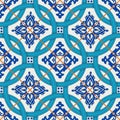 Gorgeous seamless patchwork pattern from dark blue and white Moroccan, Portuguese tiles, Azulejo, ornaments. Royalty Free Stock Photo