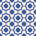 Gorgeous seamless patchwork pattern from dark blue and white Moroccan, Portuguese tiles, Azulejo, ornaments. Royalty Free Stock Photo