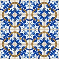 Gorgeous seamless patchwork pattern from dark blue and white Moroccan, Portuguese tiles, Azulejo, ornaments. Royalty Free Stock Photo