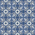 Gorgeous seamless patchwork pattern from dark blue and white Moroccan tiles, ornaments. Royalty Free Stock Photo