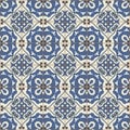 Gorgeous seamless patchwork pattern from dark blue and white Moroccan tiles, ornaments. Royalty Free Stock Photo