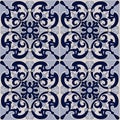 Gorgeous seamless patchwork pattern from dark blue and white tiles, ornaments. Royalty Free Stock Photo