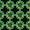 Gorgeous seamless pattern with colorful gradient decorative ornament on dark green background