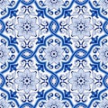 Gorgeous seamless pattern from dark blue and white Moroccan, Portuguese tiles, Azulejo, ornaments. Can be used for