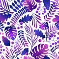 Gorgeous seamless pattern with tropical leaves. Endless background with gradient purple exotic foliage. Trendy colorful