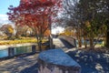 A gorgeous shot of an autumn landscape in the park with a stone bridge over the lake surrounded by gorgeous autumn colored trees