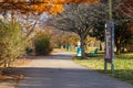 A gorgeous shot of a long smooth winding footpath in the park surrounded by gorgeous autumn colored trees with blue sky and clouds