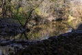 A gorgeous shot of the rushing waters of Little Sugar Creek flowing over the rocks surrounded by gorgeous autumn colored trees Royalty Free Stock Photo