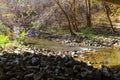 A gorgeous shot of the rushing waters of Little Sugar Creek flowing over the rocks surrounded by gorgeous autumn colored trees Royalty Free Stock Photo