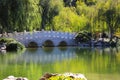 A gorgeous shot of the stone bridge with 3 circles over the green lake surrounded by lush green and autumn colored trees