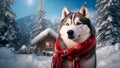Gorgeous Siberian Husky dog wearing a red Christmas scarf against the backdrop of a winter view of the mountains and forest
