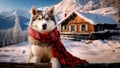 Gorgeous Siberian Husky dog wearing a red Christmas scarf against the backdrop of a winter view of the mountains and forest