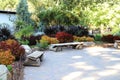 A gorgeous sitting area in the park with benches made of cut wood logs surrounded by lush green trees and colorful plants Royalty Free Stock Photo