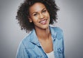 Gorgeous smiling woman in blue denim