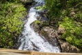 a gorgeous spring landscape with a flowing waterfall and rocks, lush green trees, grass and plants at Amicalola Falls State Park Royalty Free Stock Photo