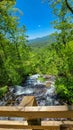 a gorgeous spring landscape with a flowing waterfall and rocks, lush green trees, grass and plants at Amicalola Falls State Park Royalty Free Stock Photo