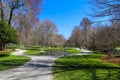 A gorgeous spring landscape in the garden with lush green grass, trees and plants and bare winter trees reflecting off the lake Royalty Free Stock Photo