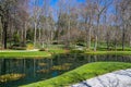 A gorgeous spring landscape in the garden with lush green grass, trees and plants and bare winter trees reflecting off the lake Royalty Free Stock Photo