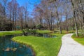 A gorgeous spring landscape in the garden with lush green grass, trees and plants and bare winter trees reflecting off the lake Royalty Free Stock Photo
