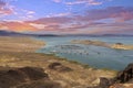 a gorgeous spring landscape at Lake Mead with vast blue water and majestic mountain ranges and boats and yachts docked Royalty Free Stock Photo