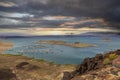 a gorgeous spring landscape at Lake Mead with vast blue water and majestic mountain ranges and boats and yachts docked Royalty Free Stock Photo