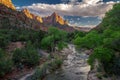 Gorgeous spring view of `the Watchman` rock formation and river of Zion National Park in Utah Royalty Free Stock Photo