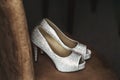Gorgeous stylish elegant grey wedding shoes wth metal fragments Royalty Free Stock Photo