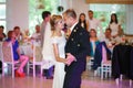 gorgeous stylish happy bride and groom performing their emotional first dance, wedding in a restaurant Royalty Free Stock Photo