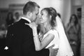 gorgeous stylish happy bride and groom performing their emotional first dance, wedding in a restaurant Royalty Free Stock Photo