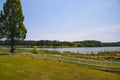 A gorgeous summer landscape at Lake Acworth with rippling blue lake water surrounded by lush green grass and trees Royalty Free Stock Photo