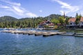 A gorgeous summer landscape at Lake Arrowhead village with boats and yachts sailing on the rippling blue later water, homes