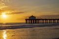 A gorgeous summer landscape at the Manhattan Beach Pier with a stunning sunset in the sky with blue ocean water and waves Royalty Free Stock Photo