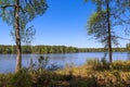 A gorgeous summer landscape with a rippling blue lake with lush green trees reflected off the water with clear blue sky Royalty Free Stock Photo