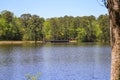 A gorgeous summer landscape with a rippling blue lake with lush green trees reflected off the water with clear blue sky Royalty Free Stock Photo