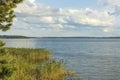 Gorgeous summer landscape view.  Baltic sea water mirror surface and blue sky with white clouds background. Royalty Free Stock Photo