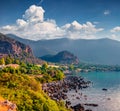 Gorgeous summer view of Gialos village. Captivating outdoor scene of Peloponnese peninsula, Greece. Royalty Free Stock Photo