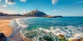 Gorgeous summer view of popular tourist destination - Acropoli di Bithia with Torre di Chia tower on background.