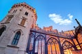 Gorgeous sun light reflection in glass garden of Hluboka nad Vltavou chateau. Sunset over Hluboka Castle, Czech Republic