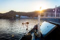 Gorgeous sunset from the deck of a ship, as it approaches the greek village of Loutro, Chania, Crete, Greece Royalty Free Stock Photo